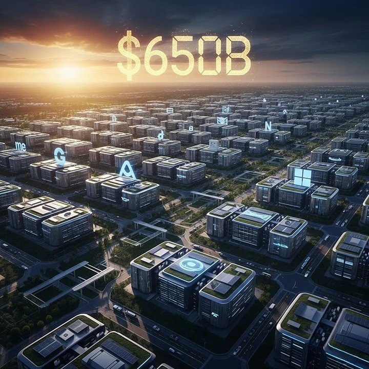 Big Tech spending $650 billion on AI infrastructure in 2026 showing massive data centers built by Google Amazon Meta and Microsoft