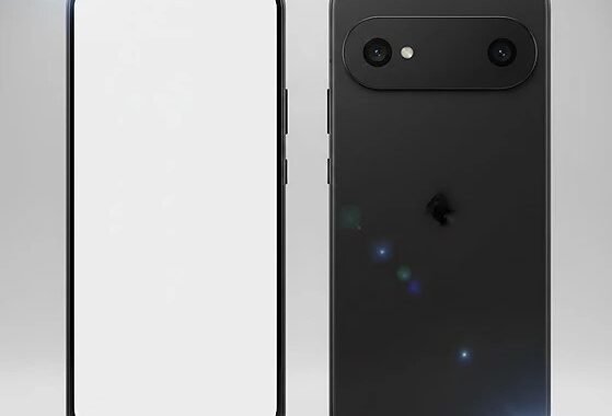 Google Pixel 10a smartphone in Obsidian Black color, displayed from front and back angles, showing the 6.3-inch display and completely flat rear panel with no camera bump.