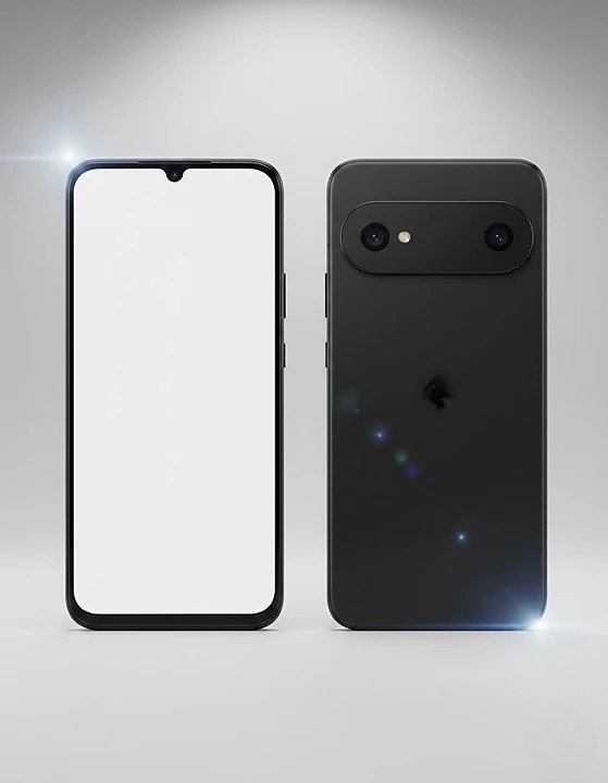 Google Pixel 10a smartphone in Obsidian Black color, displayed from front and back angles, showing the 6.3-inch display and completely flat rear panel with no camera bump.