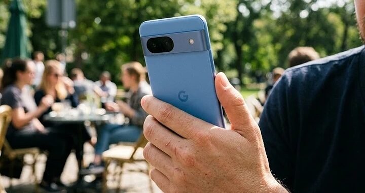 A person's hand holding the Google Pixel 10a smartphone outdoors, showing the flat back design and the Berry Red color option in natural sunlight