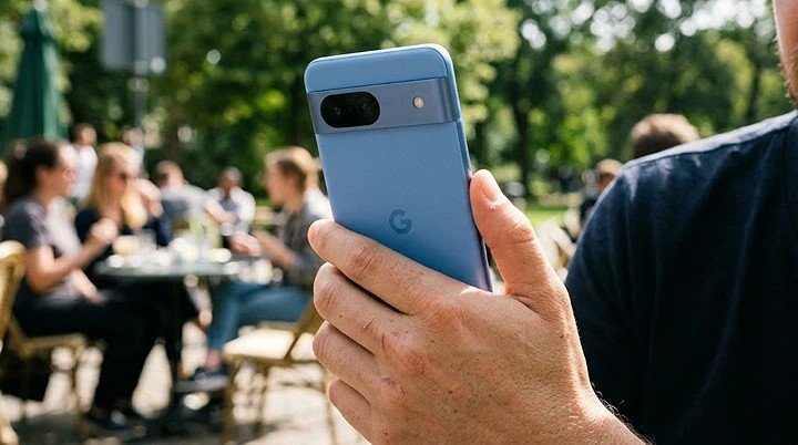 A person's hand holding the Google Pixel 10a smartphone outdoors, showing the flat back design and the Berry Red color option in natural sunlight