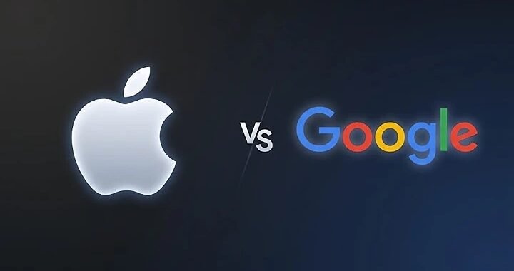 Apple logo in silver on the left and Google logo with blue, red, yellow, and green colors on the right, placed side by side on a dark background