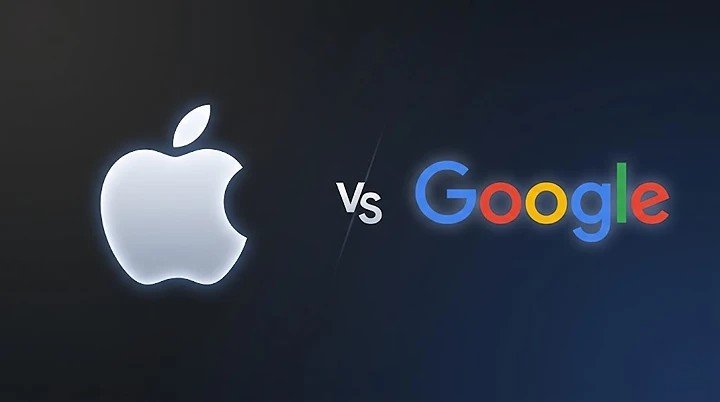 Apple logo in silver on the left and Google logo with blue, red, yellow, and green colors on the right, placed side by side on a dark background
