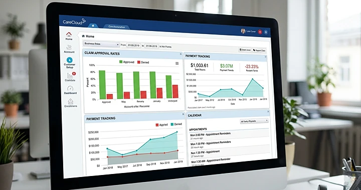 Computer screen displaying CareCloud software dashboard with colorful charts showing claim status, payment tracking, and revenue analytics
