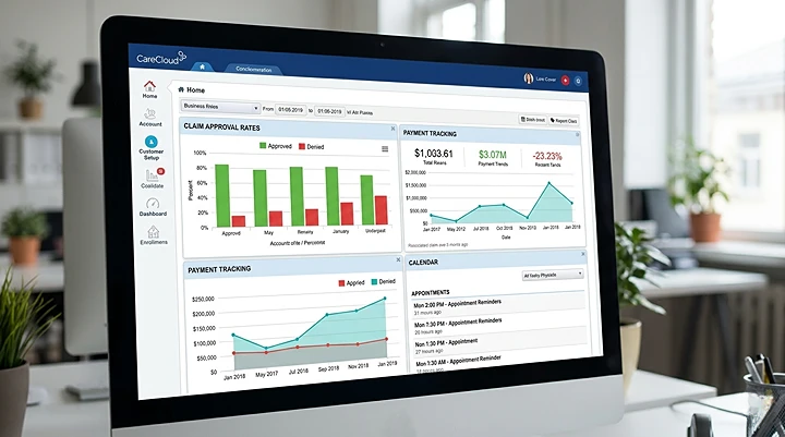 Computer screen displaying CareCloud software dashboard with colorful charts showing claim status, payment tracking, and revenue analytics