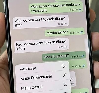 Smartphone screen showing WhatsApp chat with a blue AI sparkle icon next to the text input bar, displaying suggested reply options like "Let's meet at 7 PM"