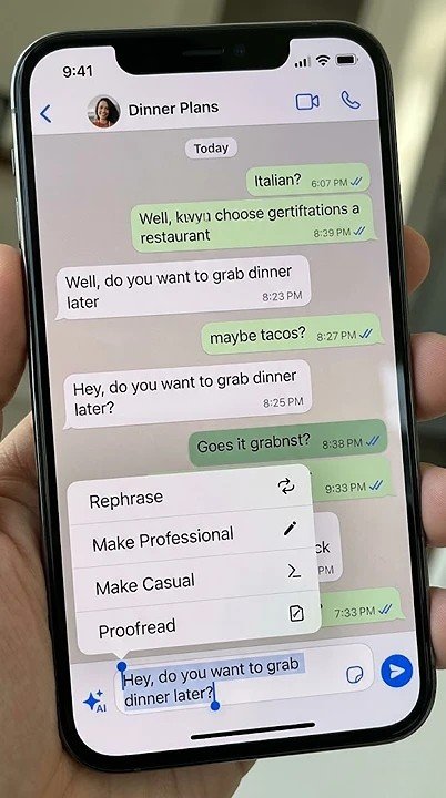 Smartphone screen showing WhatsApp chat with a blue AI sparkle icon next to the text input bar, displaying suggested reply options like "Let's meet at 7 PM"
