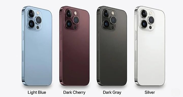 Four iPhone 18 Pro mockups lined up horizontally showing Light Blue, Dark Cherry wine red, Dark Gray, and Silver color finishes on a white background