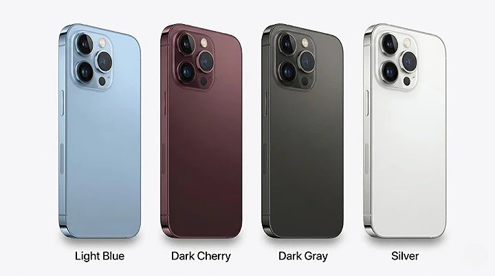 Four iPhone 18 Pro mockups lined up horizontally showing Light Blue, Dark Cherry wine red, Dark Gray, and Silver color finishes on a white background